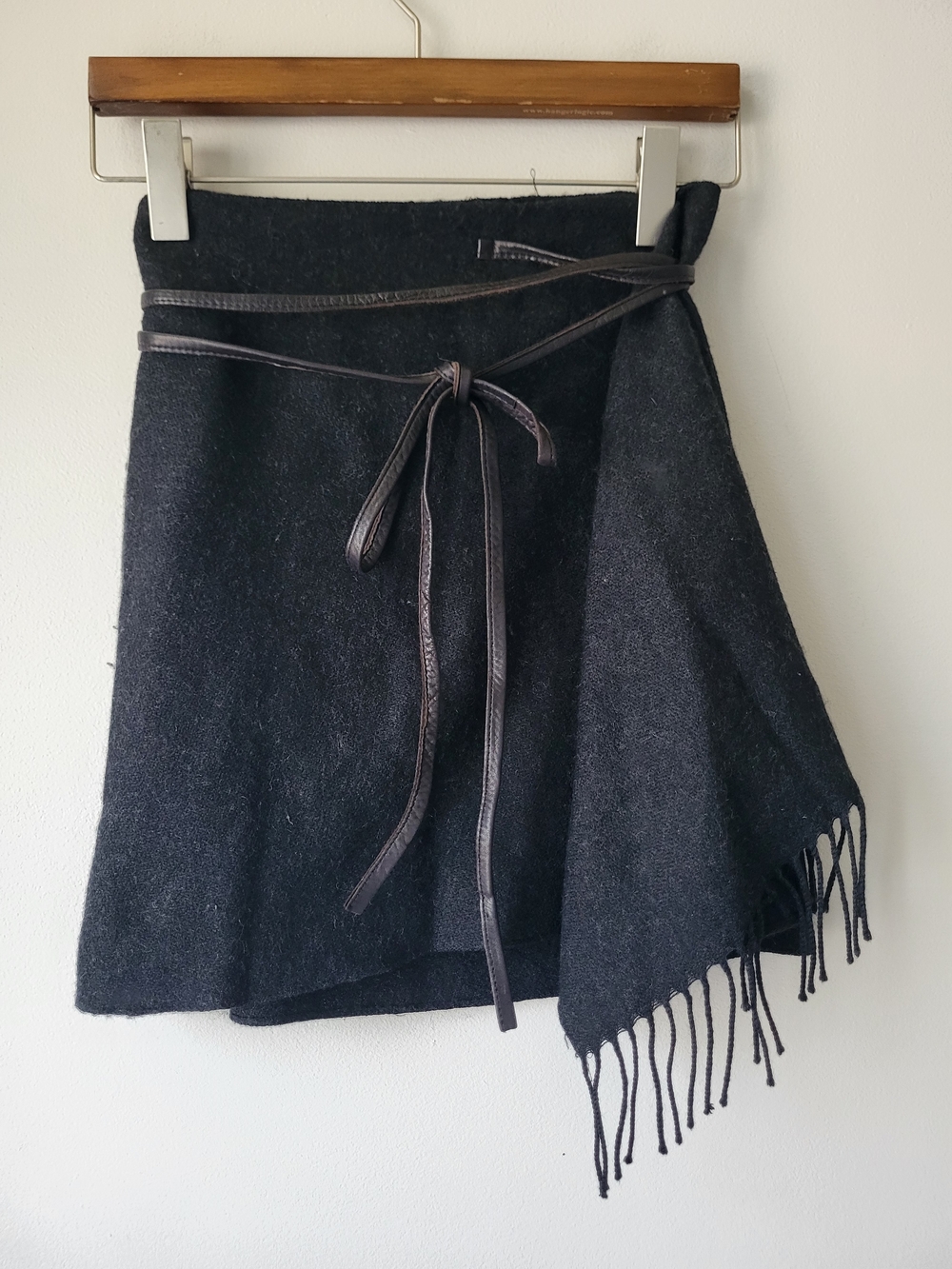 DKNY Black Asymmetrical Wrap Academia Skirt with Fringe and Leather Tie - Picture 1 of 10